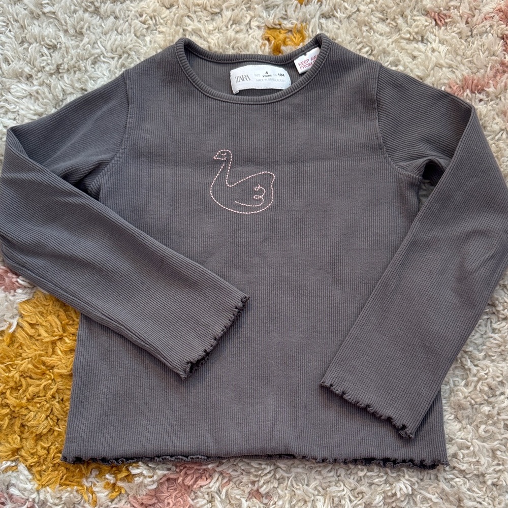 Zara Gray Long Sleeve Kids Tee with Swan Design